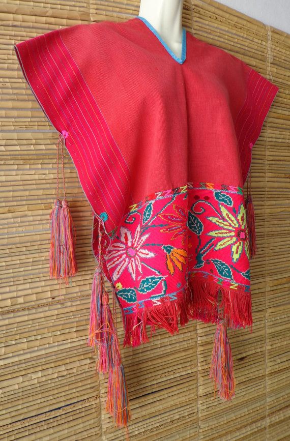 Pink Orange Multi Mexican Embroidered Peasant Blouse Cape Poncho True Vintage