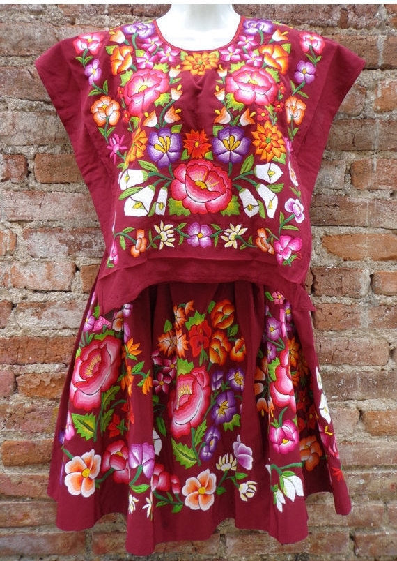 Tehuana Huipil Dress Embroidered from Oaxaca Vintage Mexican