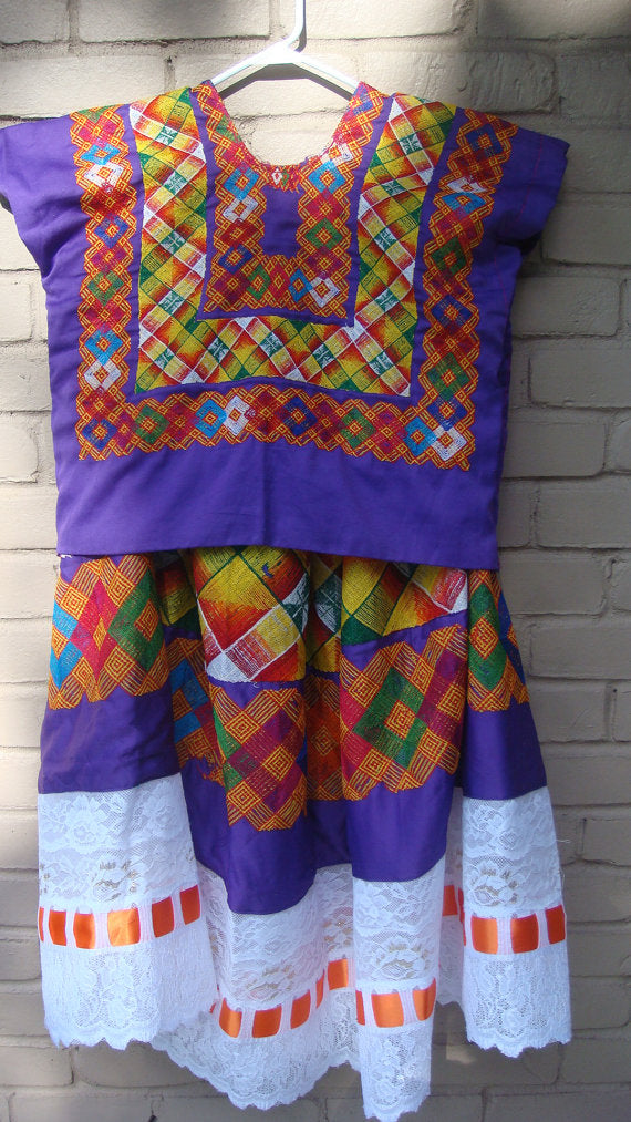 Mexican Women's Tehuana Dress Cadenilla Stitch True Vintage Frida Kahlo Style Oaxaca