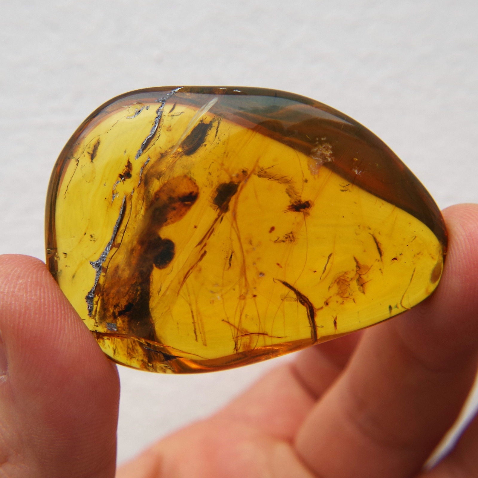 Blue Green Mexican Amber Polished Clear stone with Mammal Hair Inside 23.7 g