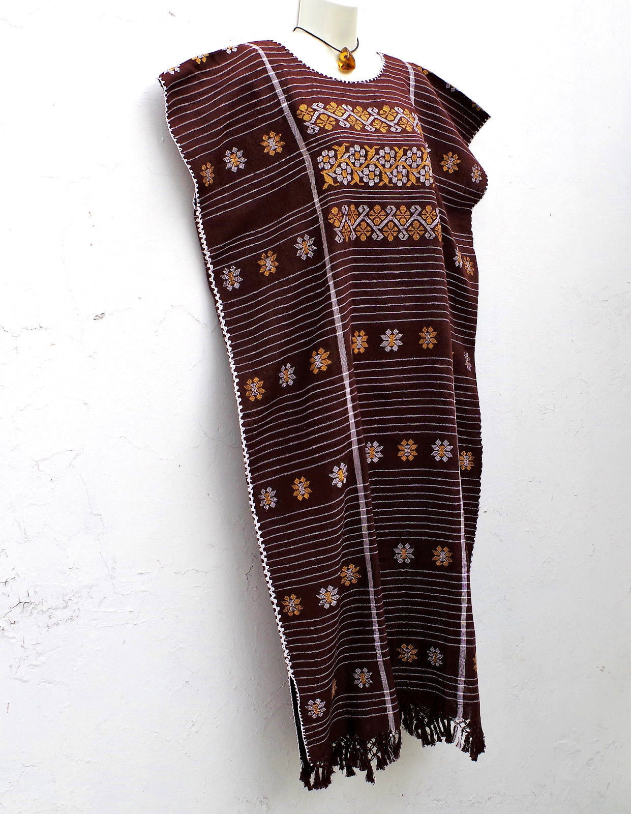Mexican Women's Amuzgo Brown Dress Huipil Tunic Flowers Design XXL