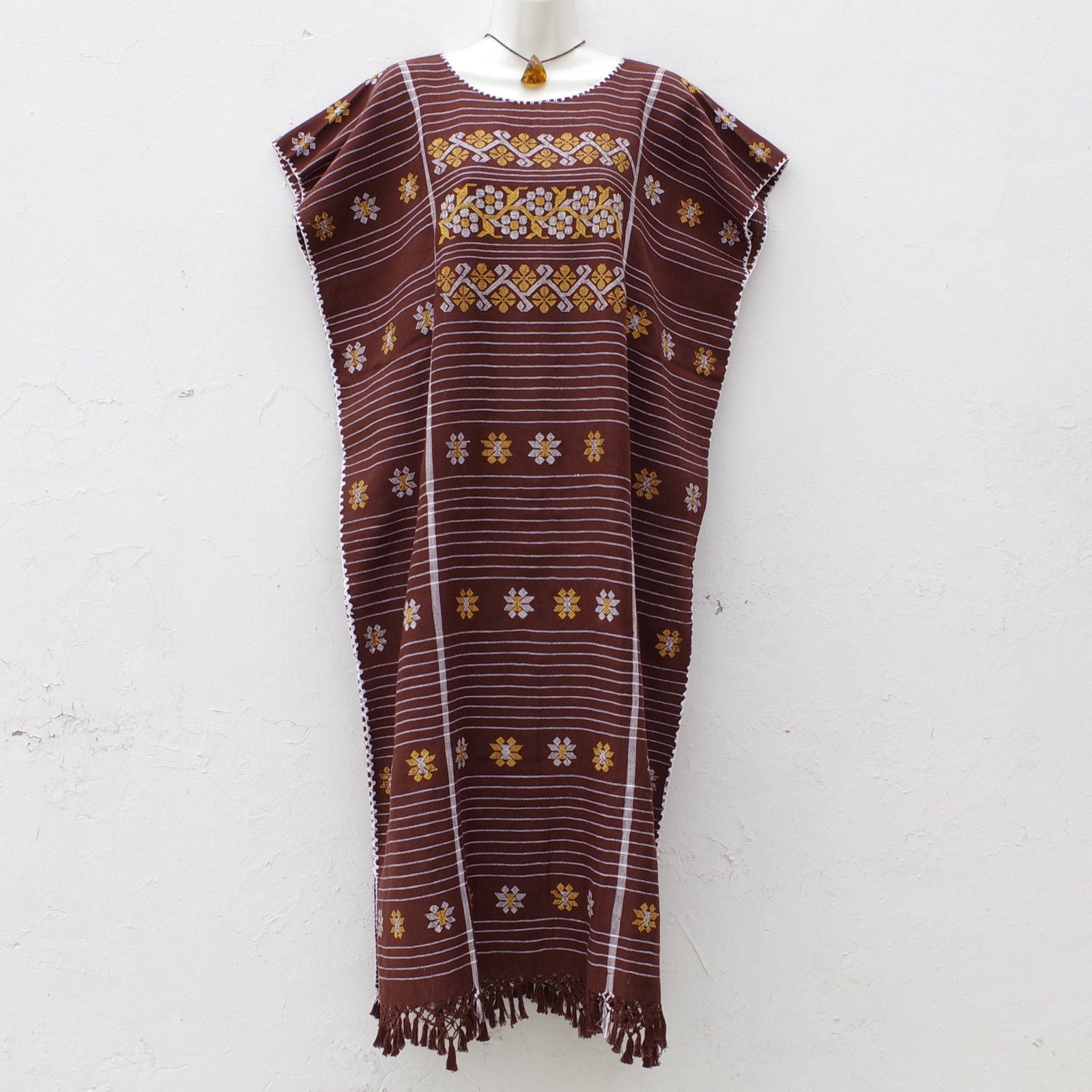 Mexican Women's Amuzgo Brown Dress Huipil Tunic Flowers Design XXL